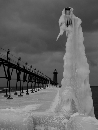 Grand Haven Light in Ice b&w